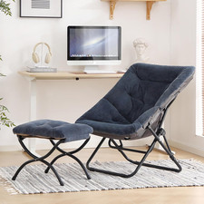 Saucer Chair With Ottoman, Comfy Faux Fur Oversized Folding Soft Furry Navy