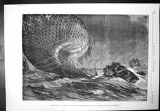 Antique Old Print Sinking Balloon Fishing Boat Sailing Ships M Guizot 1874 19th