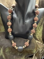 Vintage Carved Turned Wood & Nut Mala Rudraksha Prayer Bead Necklace Restrung