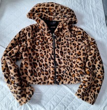 Womens Leopard Print Fleece Hooded Top - Size S - Cropped Full-Zip - New Shein 