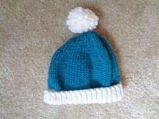 Doll / Teddy Bear Jade Hand Knitted Bobble Hat with White Trim & Pom Pom