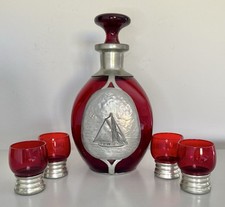 Queens Art Pewter Vintage Decanter With 4 Glasses In Red Glass And Pewter Detail