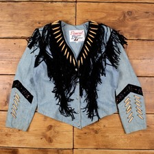 Vintage Diamond Leather Denim Jacket M 80s Western Leather Suede Fringe Blue
