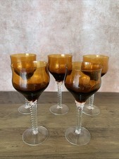 Vintage Drinking Glasses Hand Blown Brown Amber Cup Clear Twist Stem Set of 5