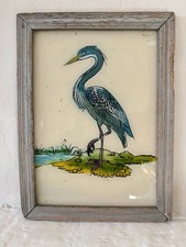 Vintage Framed Indian Reverse glass Painting Of A Heron
