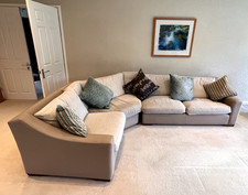 corner suite sofa in light and dark beige with 5 scatter cushions