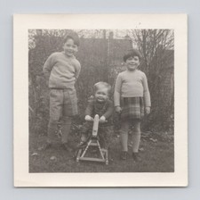 Old B&W Tiny Photo Children in Garden Baby on Rocking Horse