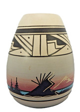 Vintage Navajo Pottery Bowl Handcrafted Abstract Figures, Mountains & Water