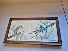 Vintage Pair of Framed Hand Painted Tiles BIRDS 6in Square Each Tile