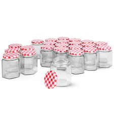 Glass Jam Jars Hexagonal Mouth Gingham Lids x24 Jar 250ml Preserve Pots | M&W
