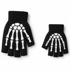 Skeleton Fingerless Gloves Halloween Skull Bone Winter Party Cosplay Adults Kids