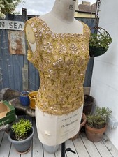 VINTAGE BEADED SEQUINS CROCHET TOP MUSTARD SIZE 16 POPPERS 60S FITTED FLORAL