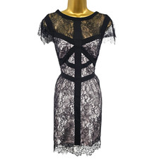 Karen Millen 14 UK Retro Black Floral Ribbon Lace Panel Wiggle Dress