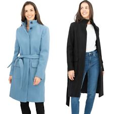 M&S Womens Black Blue Coat Wool Look  Funnel Neck Overcoat Ladies Button Up Belt