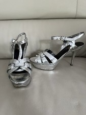 Authentic Yves Saint Laurent YSL Tribute Silver T-Bar Platform Heel Sandals 40.5