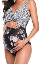 Womens Black Floral Maternity Swimming Costume Swimsuit Medium Uk 10 Pregnancy