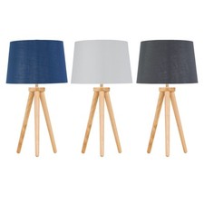 Natural Oak Wood Tripod Table Lamp Bedside Light with Fabric Shade