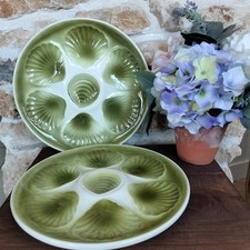 2 x Vintage French Green & White Oyster Shell Plates Moulin des Loups