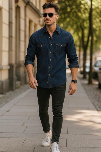 Mens denim shirt long sleeve - long,