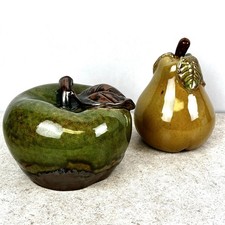 Set Of 2  Glazed Ceramic Apple & Pear Fruit Kitchen Rustic Countertop Decor 5-6”