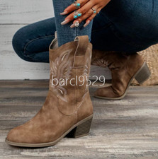 Women's Embroidery Cowgirl Cowboy Boots Ladies Mid Wide Western Shoes UK