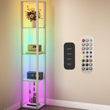 HOMCOM RGB LED Floor Lamp with Shelves and Remote Control for Bedroom, Oak