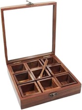 Wooden Spice Box for Kitchen, See Through Lid, Masala Box with Removable 9 Spic