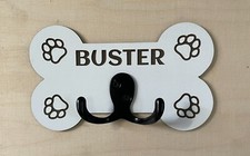 Handmade Personalised Wooden dog bone lead hanger / wall hook paw print