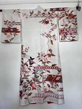 Vintage Japanese Kimono Hand made,  painted & embroidered on Ivory silk brocade 