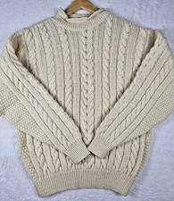 Vintage Retro Pure New Wool Aran Style Cable Knit Jumper Cream Size Medium