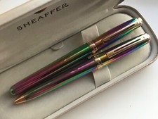 NOS VINTAGE SHEAFFER PRELUDE(9050)FOUNTAIN+BALLPOINT SET,RAINBOW PLASMA/GT,M NIB