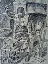 1942 Original Print WW2 ENGLISH KNIGHT - VENGEANCE - MAKING NEW SWORD ON ANVIL