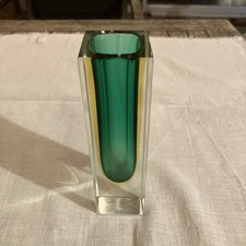 Vintage Murano Faceted Green & Amber Sommerso Glass Block Vase