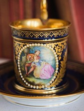 French Sèvres Porcelain Portrait Paint Jewelled Chocolate Cup & Saucer Cobalt
