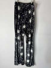Black Celestial Stretch Flares Trousers | Moon Star Sun Print | UK 10–16 Approx