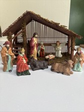 Vintage dazzlers nativity set wooden stable 9 figure christmas scene  holiday