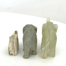 3 Vintage Hand Carved Elephant Ornaments, Jade Grey Cream Onyx, Trunks up, 2.5"