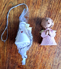 TWO CHRISTMAS TREE ANGELS: PORCELAIN/TERRACOTTA: HANDMADE DECORATIONS: SUPERB !!
