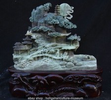 10" Chinese Natural Dushan Jade Carved Mountain Tree House Bird Figure Statue