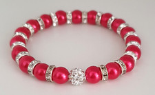 Glass Pearl & Diamante Bracelet with Sparkly Shamballa Rhinestone - 27 Colours