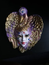 Decorative Venetian masks Gold and Blue Porcelain  Wall Hanging Italian Original