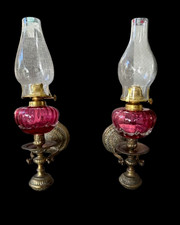antique pair of cranberry peg brass swags wall oil lamps NO OIL NO FUEL