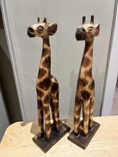 Pair Of Hand Carved Wooden Giraffe Sculpture - Approx. 30cm Tall