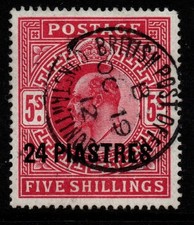 BRITISH LEVANT SG12 1905 24pi on 5/= BRIGHT CARMINE FINE USED