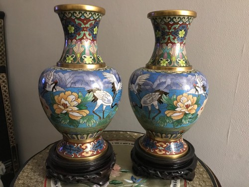 Pair bronze vases enamels - pair,