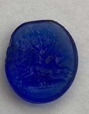 19thC Dark Blue Intaglio Glass Fob / Seal, Depicts Tree & Dog, Antique, A/F