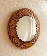 Vintage Copper Floral Round Wall Mirror 15” Embossed Art Nouveau Style