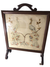 Fire Screen Peacock Silk Embroidery Motif Wood Wooden 54x66cms Vintage ra