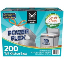 Member's Mark Power Flex 13-Gallon Tall Kitchen Trash Bags, Fresh Scent, 200 ct.