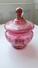Vintage Cranberry Glass Lidded Pot Enamel Painted